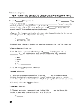 New Hampshire Standard Unsecured Promissory Note Template