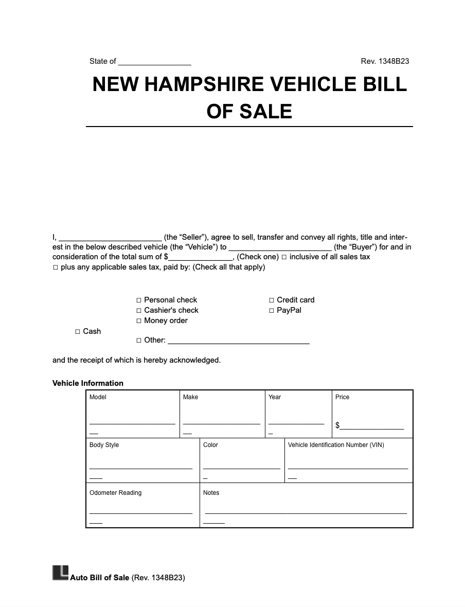 New Hampshire vehicle bill of sale