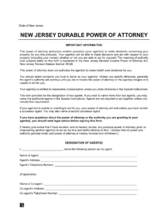New Jersey Durable Power of Attorney Form