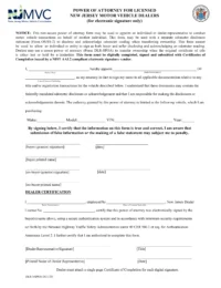 New Jersey Licensed Motor Vehicle Dealers Power of Attorney Form