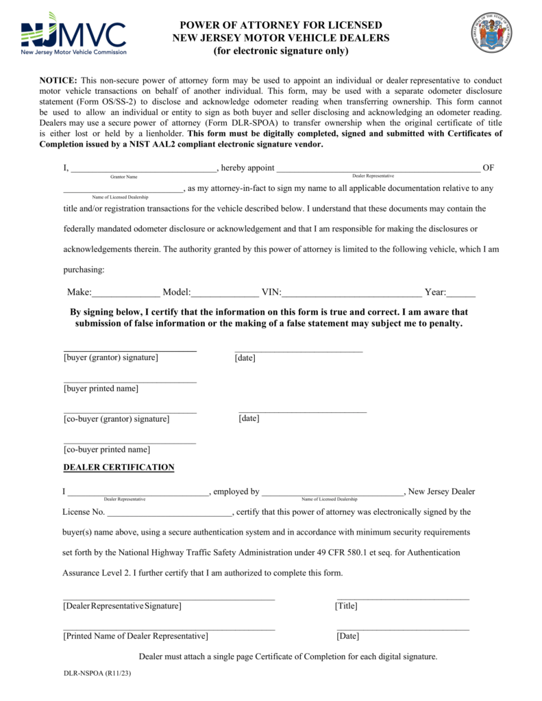 Free New Jersey Motor Vehicle Power of Attorney Form | PDF Download