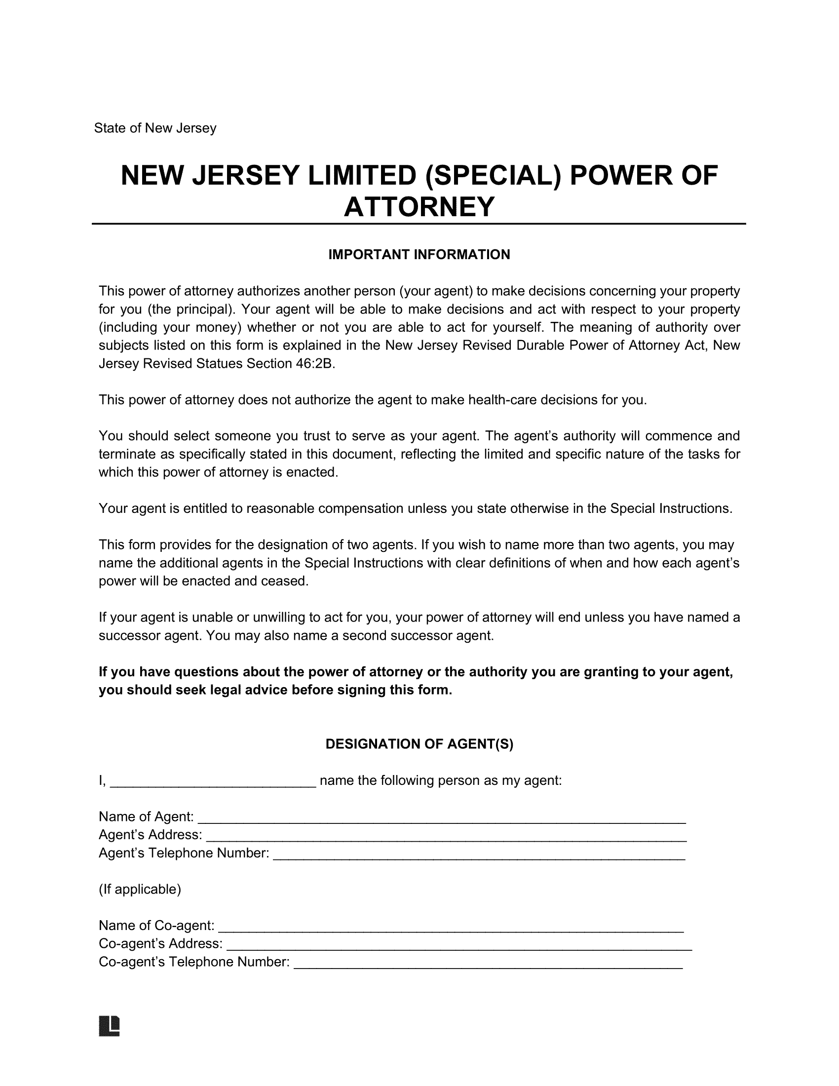 New Jersey Limited Power of Attorney Template