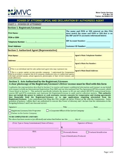 New Jersey Motor Vehicle Power of Attorney Form