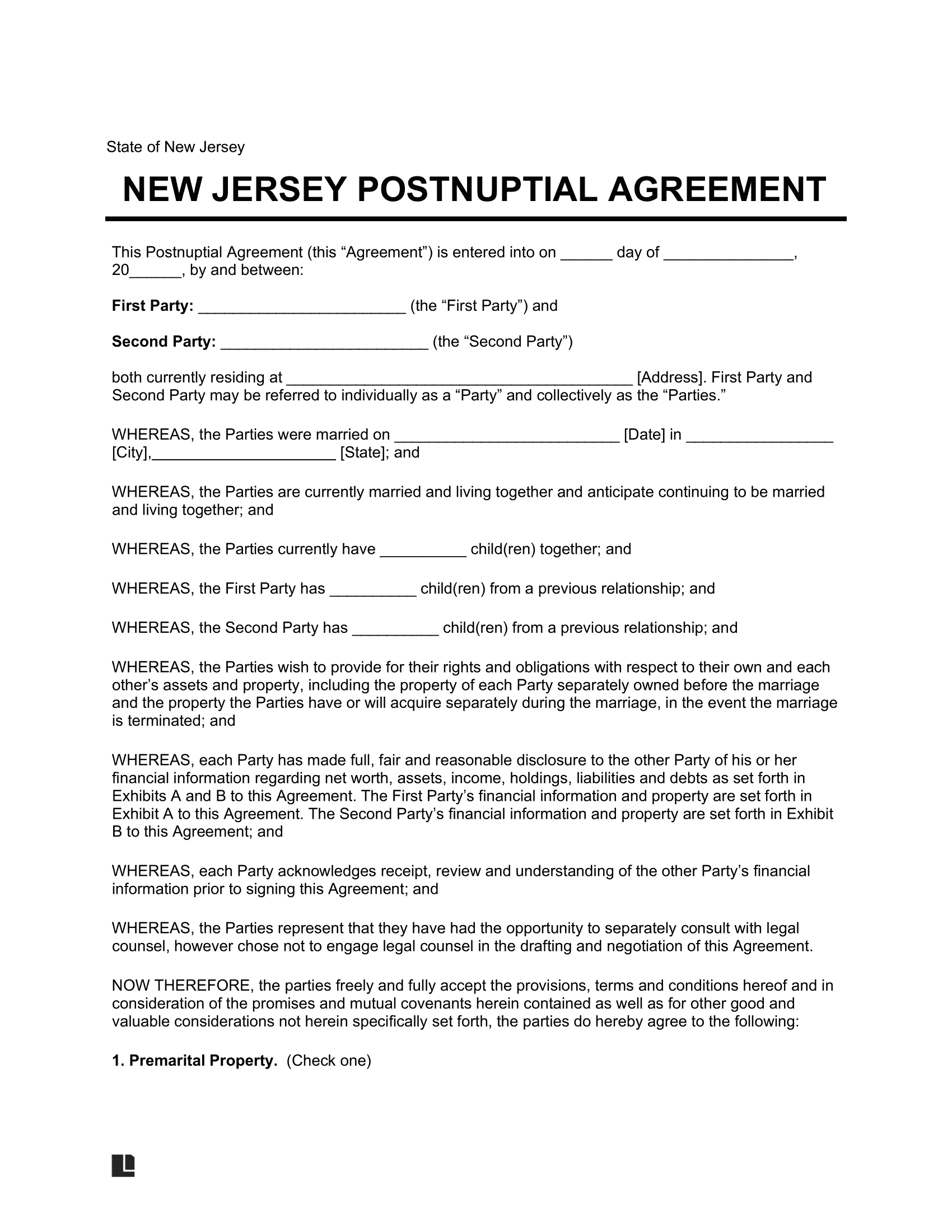 New Jersey Postnuptial Agreement Template