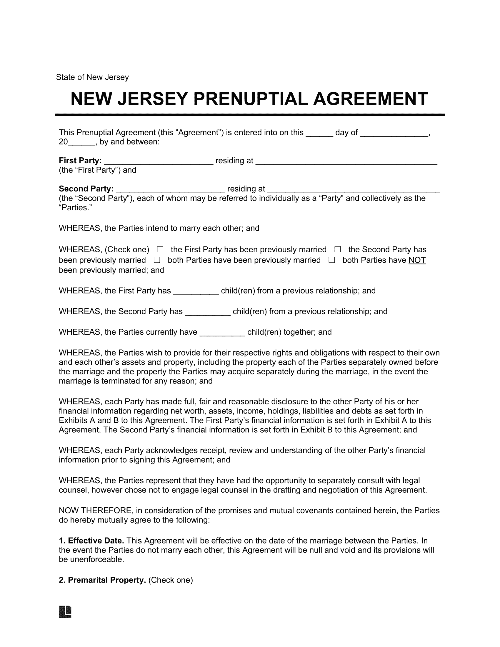 New Jersey Prenuptial Agreement Template