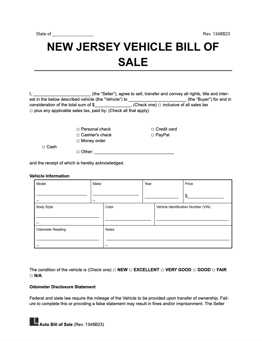 New Jersey vehicle bill of sale