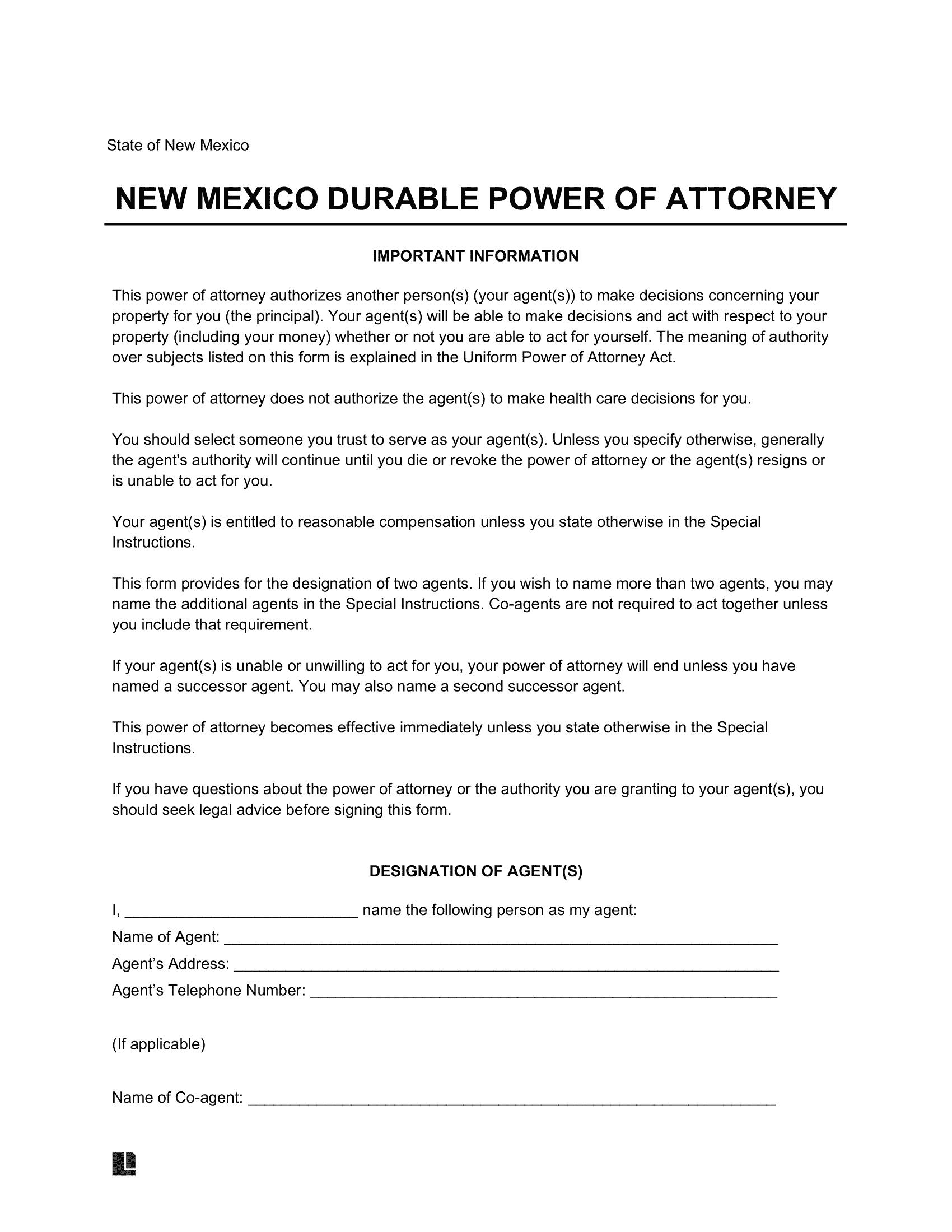 New Mexico Durable Statutory Power of Attorney Form