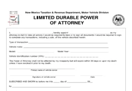 New Mexico Motor Vehicle Power of Attorney Form MVD-11020