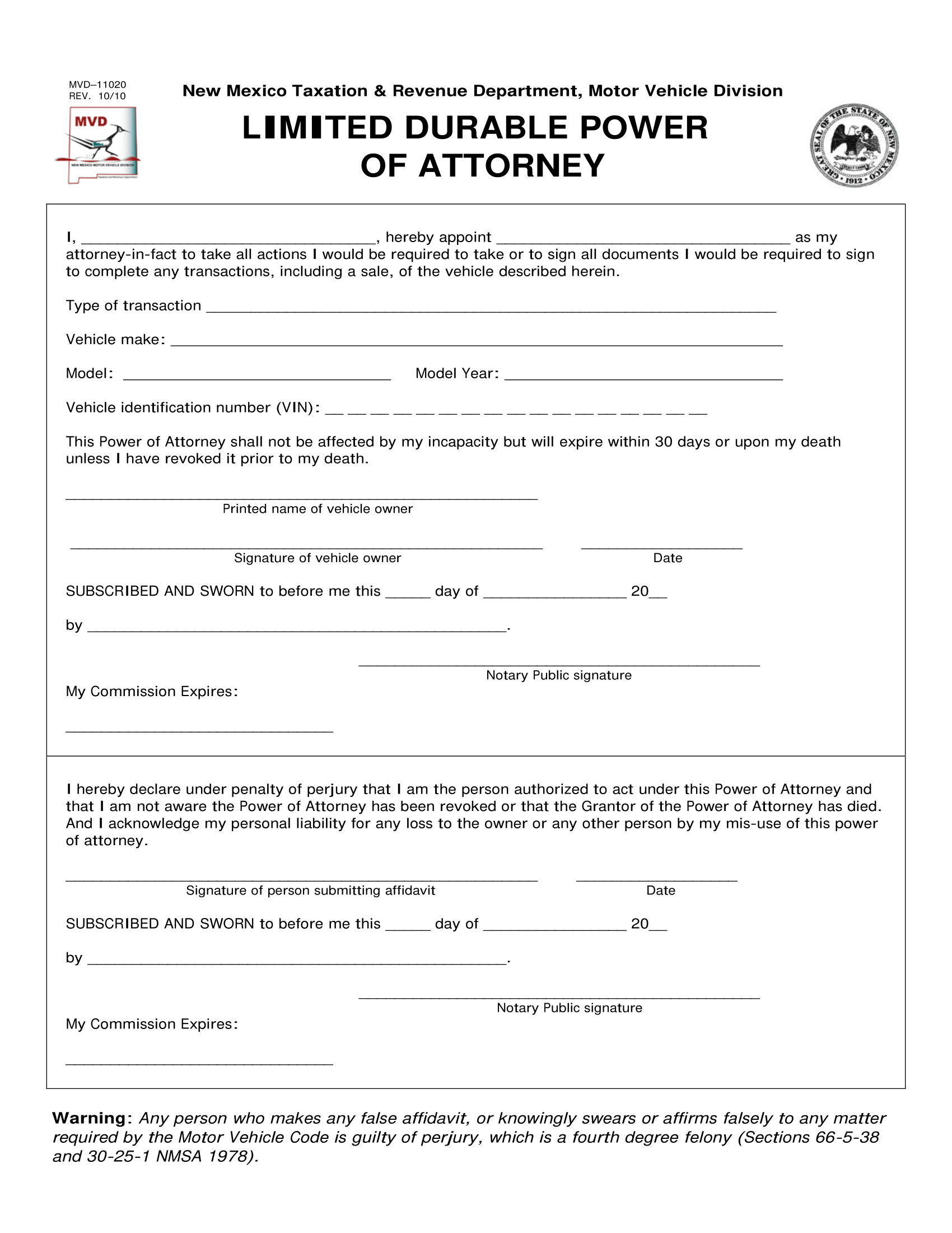 New Mexico Motor Vehicle Power of Attorney Form MVD-11020