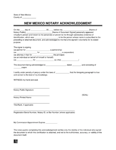 New Mexico Notary Acknowledgement Form