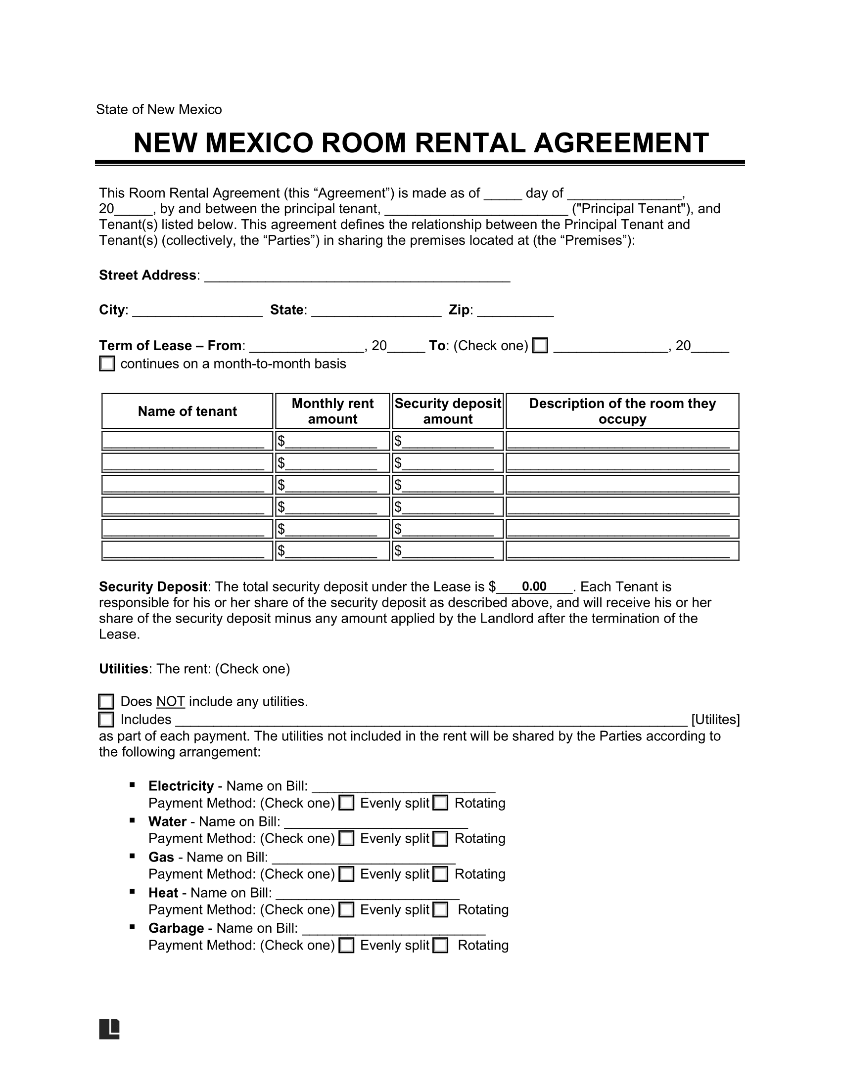 New Mexico Room Rental Agreement