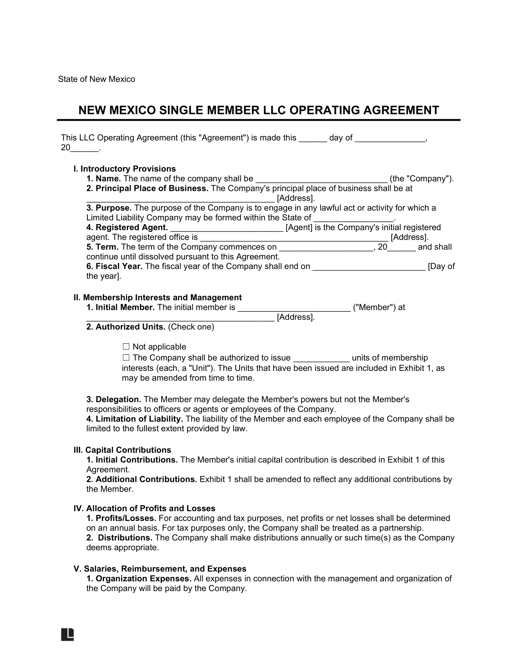 New Mexico Single Member LLC Operating Agreement Form
