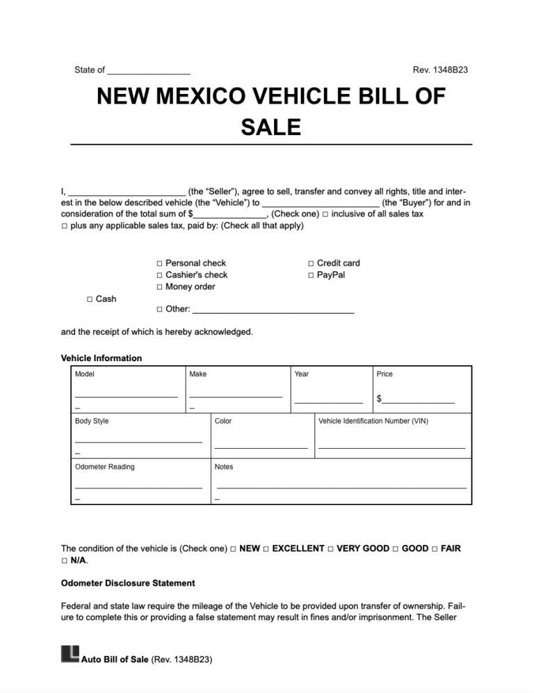 Free New Mexico Motor Vehicle Bill of Sale Form Legal Templates