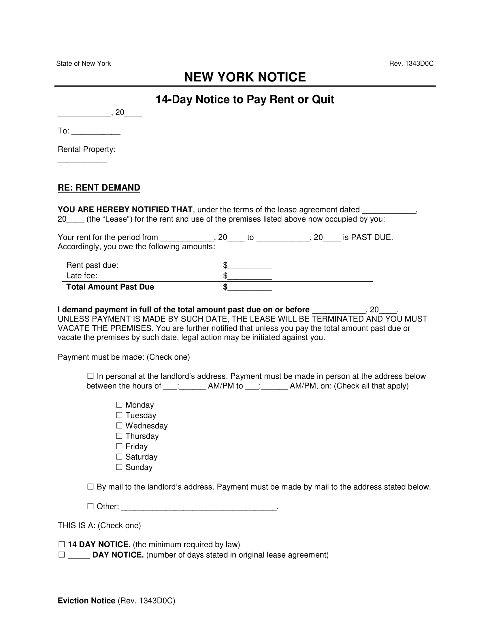 New York 14-Day Notice to Quit | Non-Payment of Rent