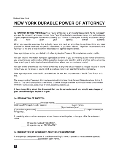 New York Durable Statutory Power of Attorney Form