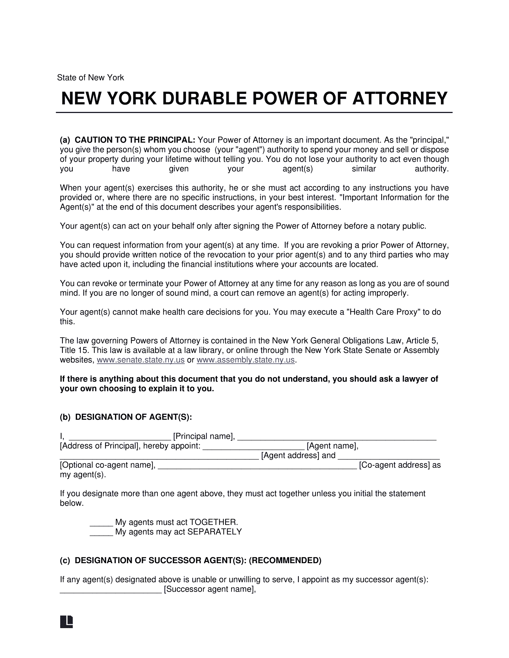 New York Durable Statutory Power of Attorney Form