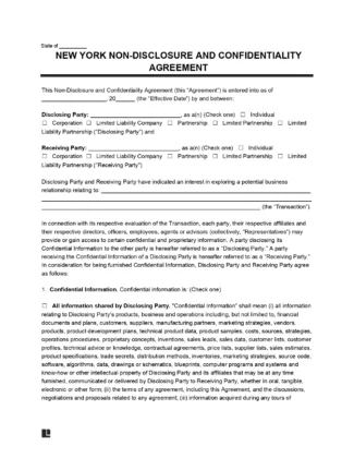 New York Non-Disclosure Agreement Template