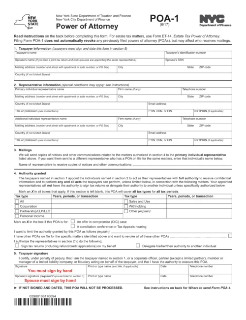 New York Power of Attorney Form POA-1