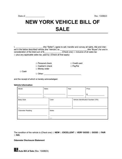 New York vehicle bill of sale form