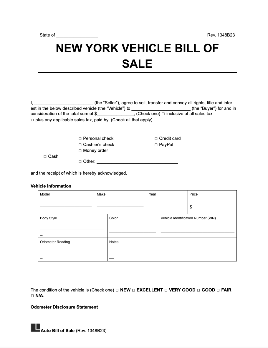 New York vehicle bill of sale form