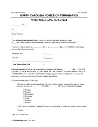 North Carolina 10-Day Notice to Quit | Non-Payment of Rent