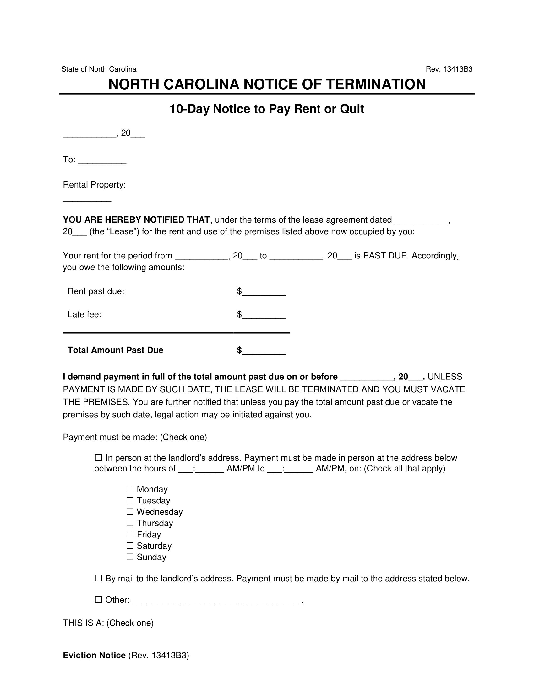 North Carolina 10-Day Notice to Quit | Non-Payment of Rent