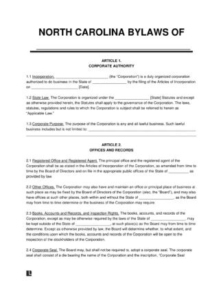 North Carolina Corporate Bylaws Template