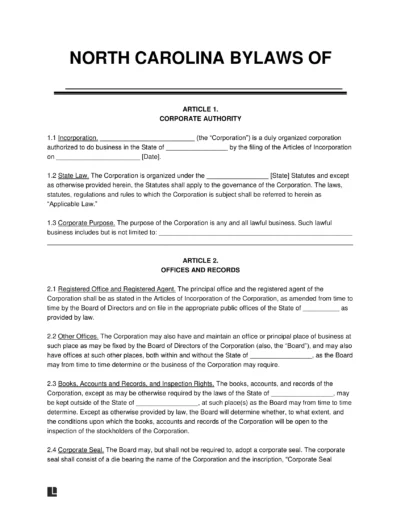 North Carolina Corporate Bylaws Template