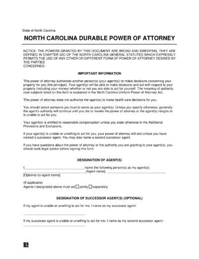 North Carolina Durable Statutory Power of Attorney Form