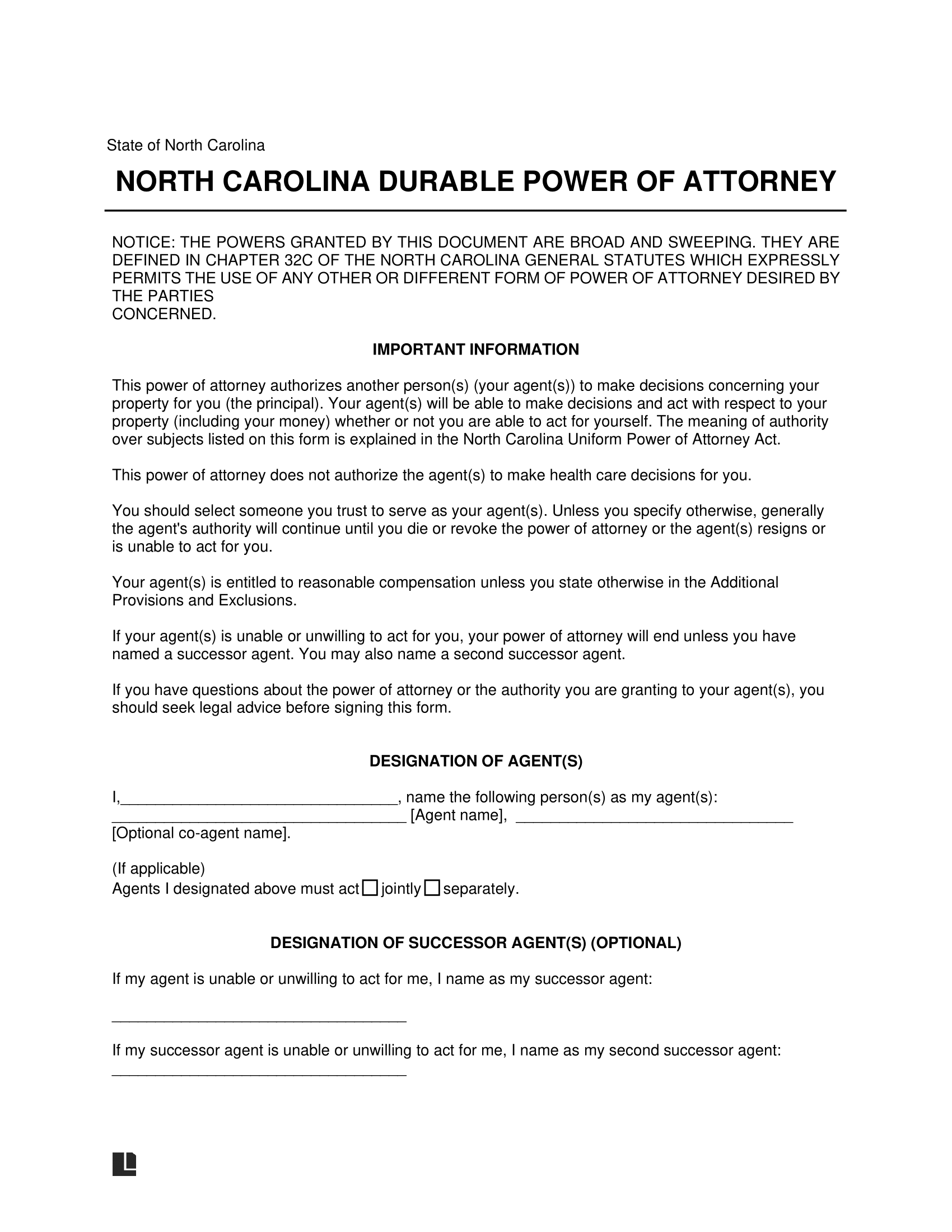North Carolina Durable Statutory Power of Attorney Form