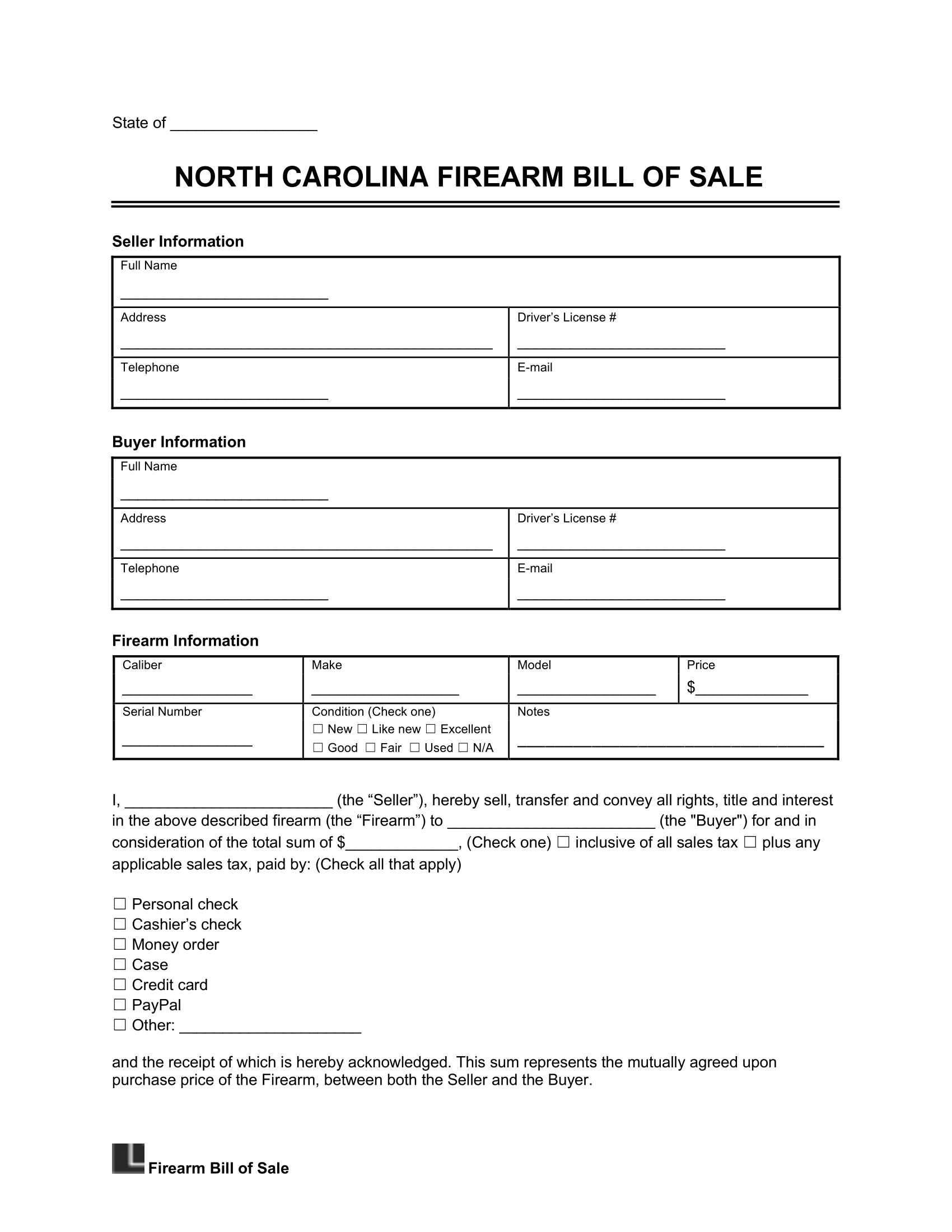 North Carolina Firearm Bill of Sale