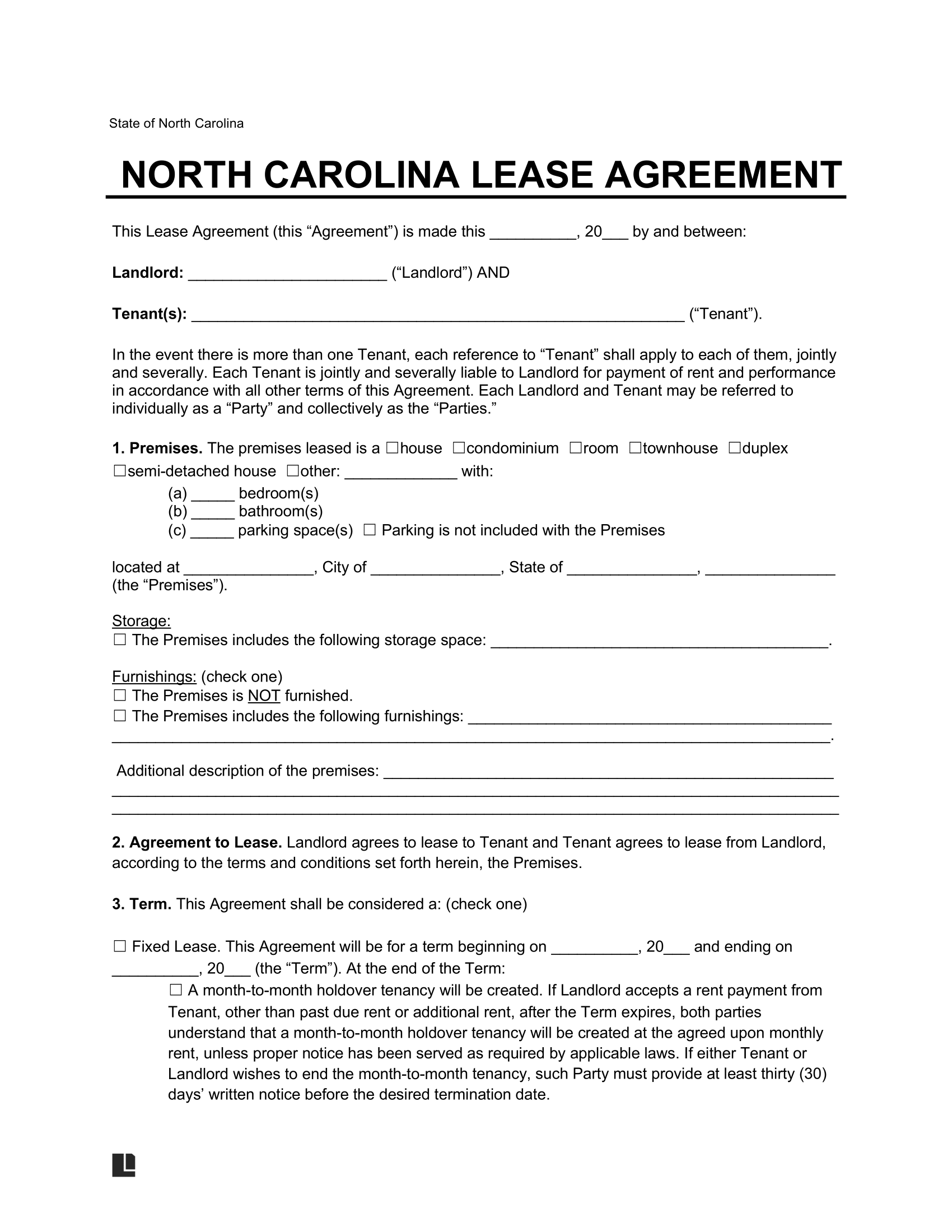 North Carolina Lease Agreement Template
