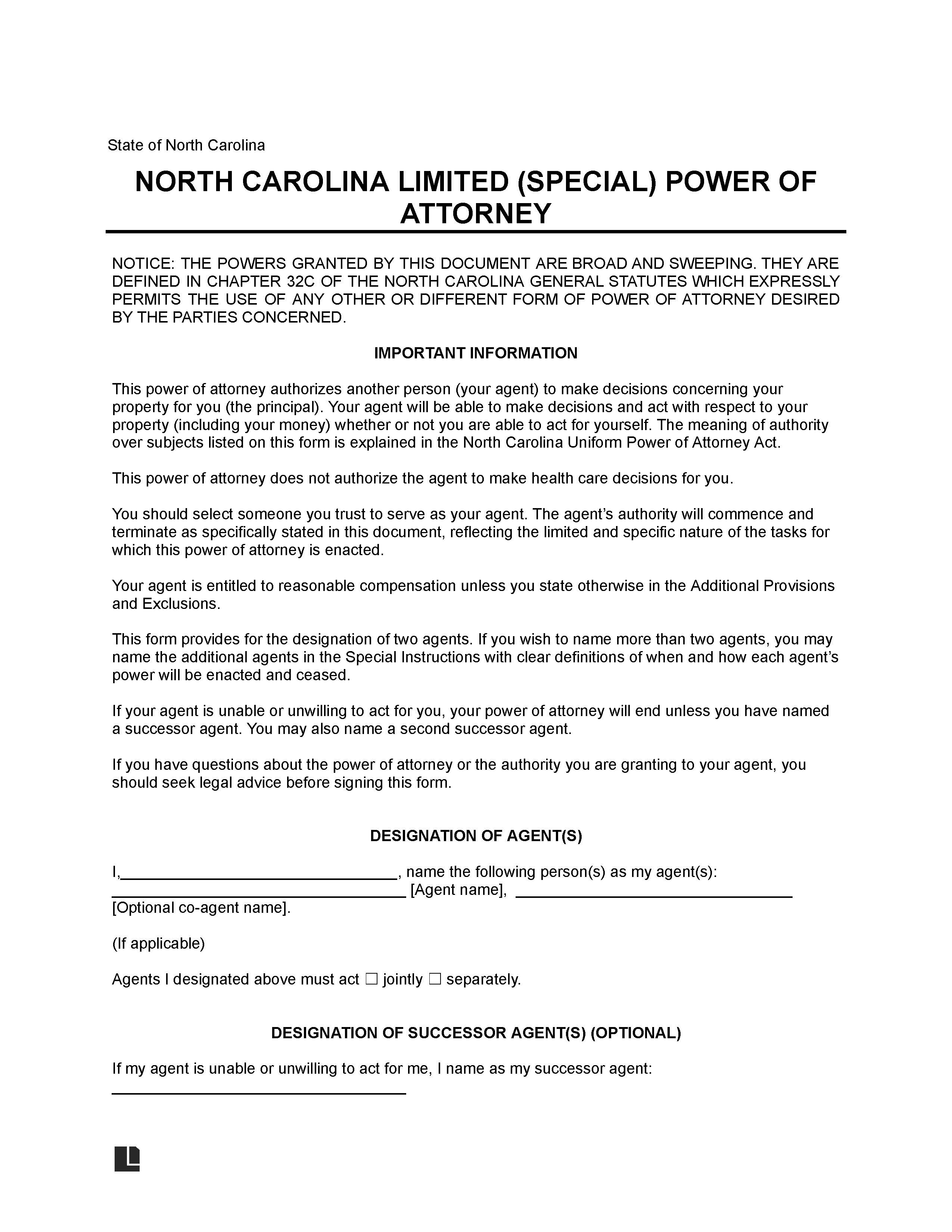 North Carolina Limited Power of Attorney Template