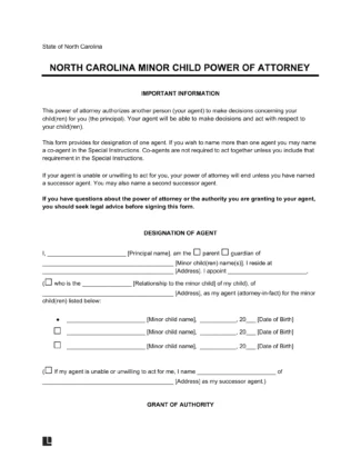 North Carolina Minor Child Power of Attorney Form