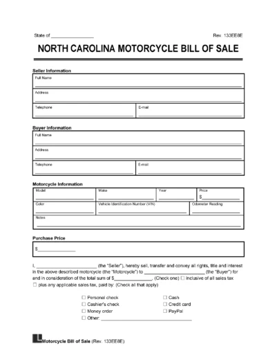 north carolina motorcycle bill of sale
