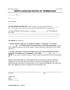 North Carolina Notice to Quit Template | Non-Compliance