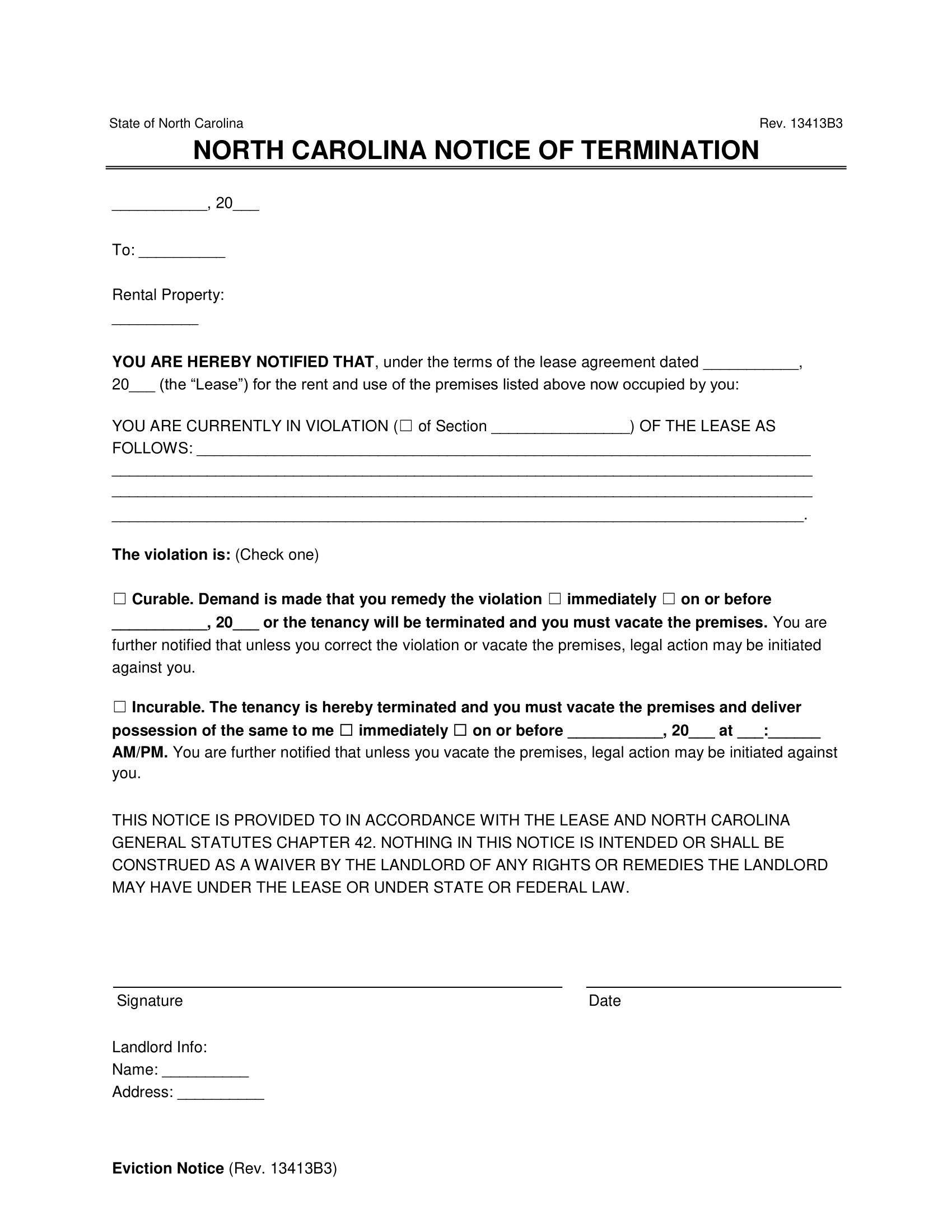 North Carolina Notice to Quit Template | Non-Compliance