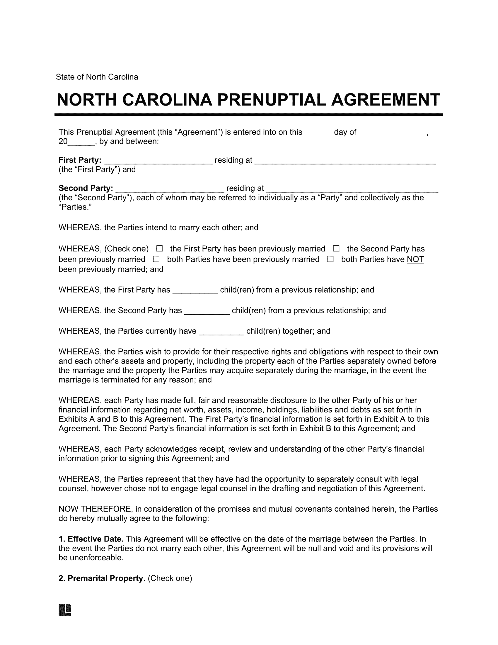 North Carolina Prenuptial Agreement Template
