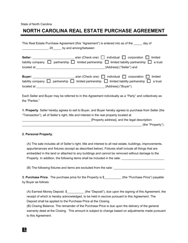 North Carolina Residential Purchase Agreement Template