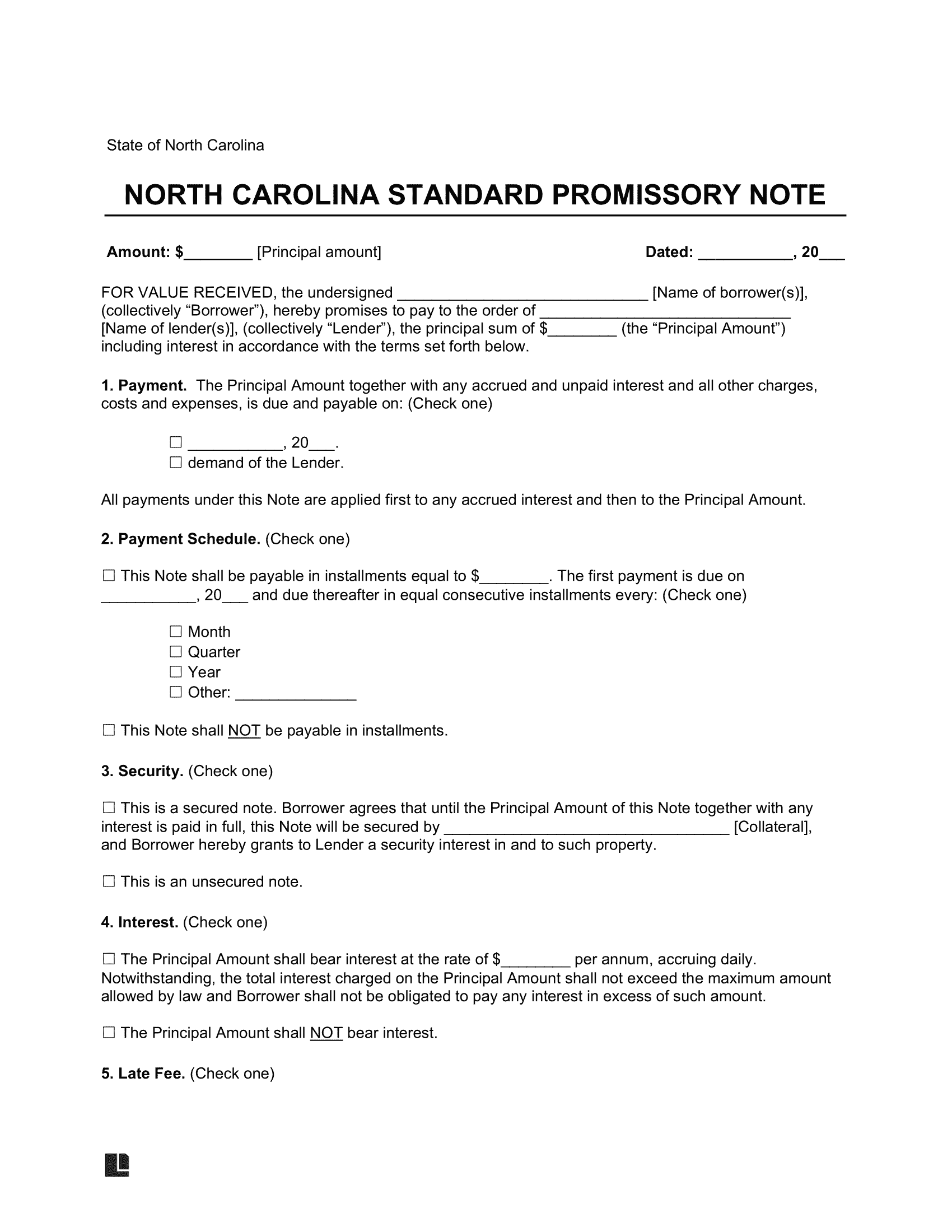 North Carolina Standard Promissory Note Template
