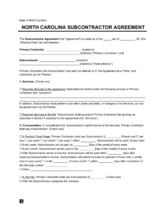 North Carolina Subcontractor Agreement Template