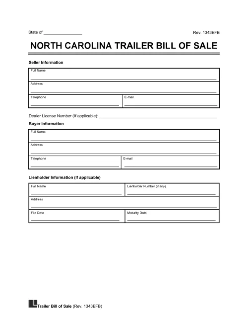 North Carolina Trailer Bill of Sale