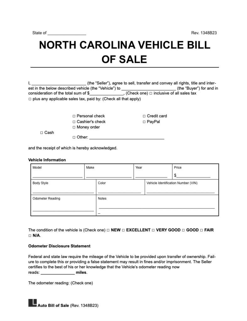 Free North Carolina Motor Vehicle Bill Of Sale Form Legal Templates