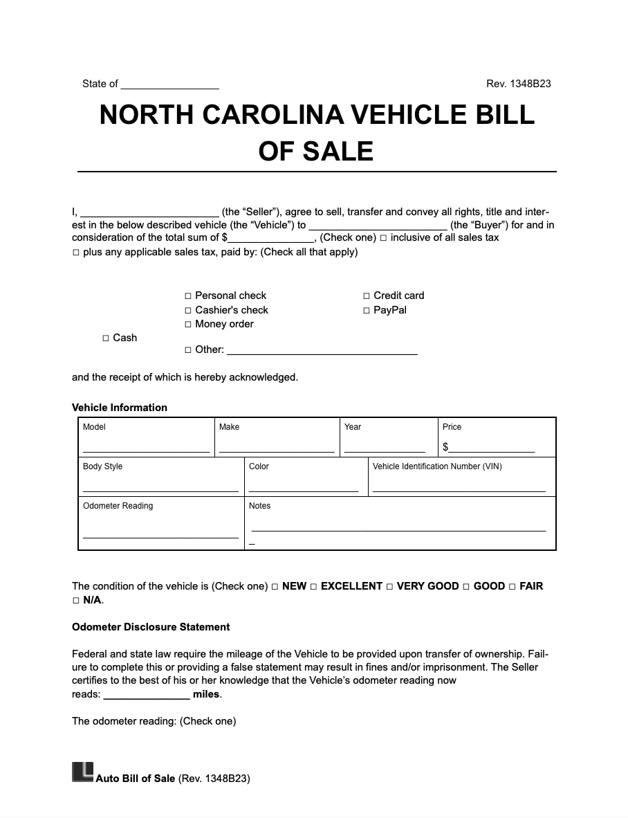 North Carolina vehicle bill of sale