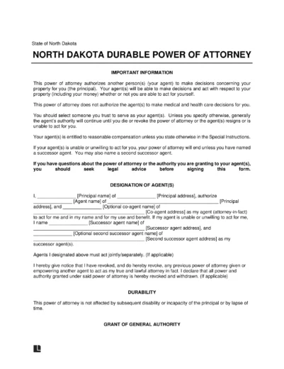 North Dakota Durable Power of Attorney Form