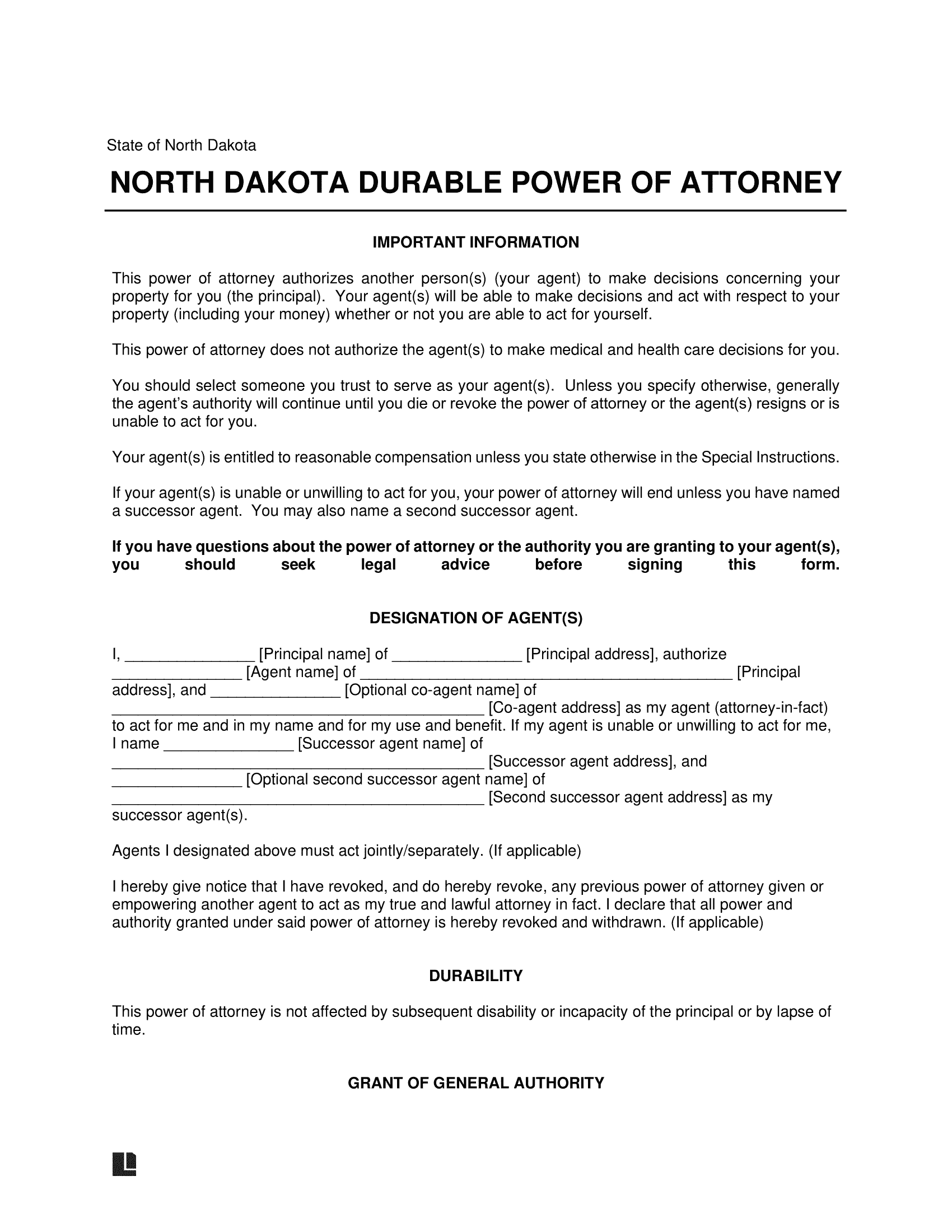 North Dakota Durable Power of Attorney Form