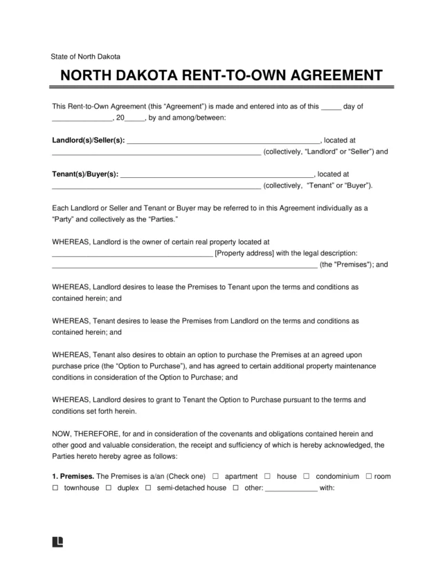 North Dakota Lease-to-Own Option-to-Purchase Agreement