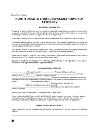 North Dakota Limited Power of Attorney Template