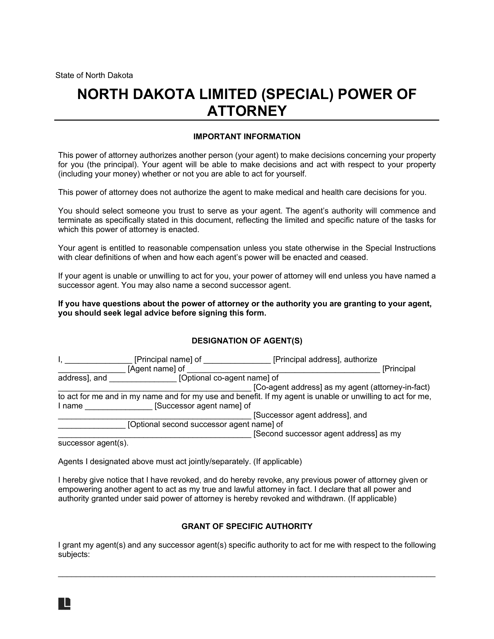 North Dakota Limited Power of Attorney Template