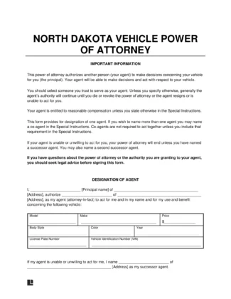 North Dakota Motor Vehicle Power of Attorney Form